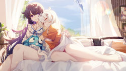 Rule 34 | 2girls, absurdres, ai xiao meng, blue sky, cecilia schariac, character request, closed mouth, cloud, cloudy sky, cuddling, closed eyes, facing viewer, highres, honkai (series), honkai impact 3rd, kiana kaslana, leaning on person, long hair, looking at another, multiple girls, purple eyes, purple hair, raiden mei, sky, smile, white hair, window, yuri