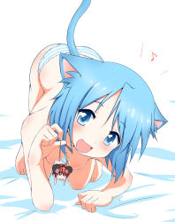 Rule 34 | 10s, 2girls, all fours, animal ears, blue eyes, blue hair, blush, breasts, cat ears, cat tail, fang, highres, kemonomimi mode, looking at viewer, mahou shoujo madoka magica, mahou shoujo madoka magica (anime), miki sayaka, mini person, minigirl, mouse ears, mouse tail, multiple girls, musical note, open mouth, panties, red eyes, red hair, sakura kyoko, short hair, smile, striped clothes, striped panties, sweatdrop, tail, tail grab, top-down bottom-up, topless, underwear, yokoshima (euphoria)