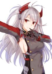 Rule 34 | 1girl, antenna hair, arm up, armpits, azur lane, black gloves, blush, breasts, buttons, cai geng, closed mouth, cross, double-breasted, gloves, headgear, highres, iron cross, long hair, long sleeves, looking at viewer, medium breasts, military, military uniform, mole, mole on breast, multicolored hair, no bra, outstretched arm, prinz eugen (azur lane), red eyes, red hair, sideboob, smile, solo, streaked hair, two side up, underbust, uniform, upper body