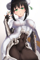 Rule 34 | 1girl, arm guards, black bodysuit, black gloves, black hair, bodysuit, breasts, bun cover, covered navel, double bun, elbow gloves, fate/grand order, fate (series), fingerless gloves, gloves, green eyes, green ribbon, hair bun, hair ribbon, highres, jewelry, large breasts, looking at viewer, neck ring, parted lips, qin liangyu (fate), ribbon, ryouya, sidelocks, solo, thighs, white bodysuit