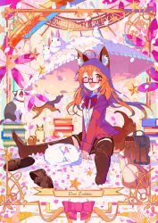 Rule 34 | 1girl, :d, absurdres, ahoge, animal ears, bird, blush, bow, bowtie, brown eyes, brown skirt, brown thighhighs, cat, collared shirt, commentary request, commission, fox ears, fox tail, glasses, highres, jacket, loafers, looking at viewer, marika (zeddaru), miniskirt, nishinoda, one eye closed, open mouth, orange hair, original, rabbit, red-framed eyewear, red bow, red bowtie, red jacket, semi-rimless eyewear, shirt, shoes, unworn shoes, sitting, skeb commission, skirt, skirt hold, smile, solo, squirrel, suitcase, tail, thighhighs, under-rim eyewear, white shirt, wing collar