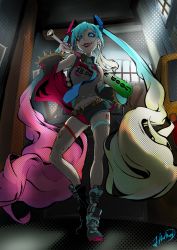 Rule 34 | 1girl, baseball bat, batman (series), belt, blonde hair, blue eyes, blue hair, boots, colored tips, cosplay, dc comics, female focus, fishnets, full body, harley quinn, harley quinn (cosplay), hatsune miku, highres, indoors, jacket, lipstick, makeup, matching hair/eyes, multicolored hair, nail polish, pink hair, shirt, short shorts, shorts, solo, standing, suicide squad, track jacket, twintails, two-tone hair, vocaloid, weapon