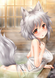 Rule 34 | 1girl, animal ears, ass, bathing, blush, breasts, inubashiri momiji, kei kei, large breasts, looking at viewer, naked towel, open mouth, red eyes, short hair, silver hair, solo, tail, touhou, towel, wolf ears, wolf tail