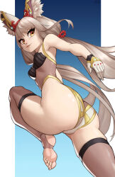Rule 34 | 1girl, absurdres, adapted costume, animal ears, ass, barefoot, gloves, highres, leotard, long hair, looking at viewer, low twintails, nia (blade) (xenoblade), nia (xenoblade), soles, stirrup legwear, toeless legwear, twintails, xenoblade chronicles (series), xenoblade chronicles 2, yellow eyes