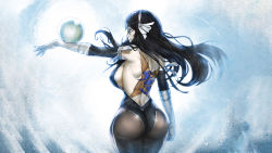 Rule 34 | 1girl, artist name, ass, back, back tattoo, backless outfit, black hair, black pantyhose, black sleeves, breasts, character name, clenched hand, covered erect nipples, cowboy shot, curvy, detached sleeves, fairy tail, from behind, gloves, gradient background, hairband, highres, huge ass, large breasts, leotard, light smile, long hair, looking to the side, narrow waist, no bra, orb, outstretched arm, pantyhose, sideboob, solo, standing, strapless, strapless leotard, tattoo, the golden smurf, thick thighs, thighs, ultear milkovich, white gloves, white hairband, wide hips