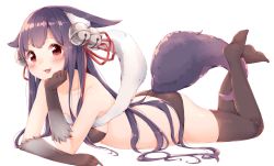 Rule 34 | 10s, 1girl, animal ears, ass, azuki (krps-hano), bare shoulders, bell, black bra, black panties, black thighhighs, bow, bra, butt crack, erune, fang, fox ears, fox tail, fur, granblue fantasy, hair bow, highres, jingle bell, long hair, looking at viewer, lying, manatsuki manata, on stomach, open mouth, panties, purple hair, red eyes, shawl, simple background, smile, solo, tail, thighhighs, underwear, very long hair, white background, yuel (granblue fantasy)