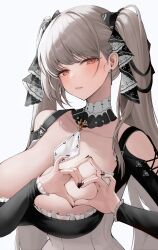 Rule 34 | 1girl, absurdres, azur lane, between breasts, black nails, breasts, cleavage, dress, formidable (azur lane), frilled dress, frills, gothic lolita, grey hair, heart, heart hands, highres, huge breasts, large breasts, lolita fashion, long hair, meraring, nail, necktie, necktie between breasts, red eyes, ribbon, twintails, two-tone dress, upper body, very long hair