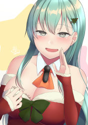 Rule 34 | 1girl, aqua hair, blush, body writing, bow, bowtie, breasts, christmas, cleavage, detached collar, detached sleeves, dress, fur trim, green bow, grey eyes, hair ornament, hairclip, half-closed eyes, highres, kanaka (kananan0910828), kantai collection, large breasts, long hair, merry christmas, naughty face, open mouth, orange bow, orange bowtie, red dress, santa costume, signature, simple background, solo, suzuya (kancolle), upper body