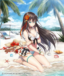 Rule 34 | 1girl, anklet, aqua eyes, astrid (evertale), bangle, bare shoulders, beach, bikini, black hair, bracelet, breasts, collarbone, day, evertale, flower, groin, hair flower, hair ornament, hat, jewelry, kagachi saku, long hair, looking at viewer, medium breasts, navel, ocean, official art, outdoors, sand, shoes, unworn shoes, sitting, solo, stomach, straw hat, swimsuit, thighlet, thighs, wariza, white bikini