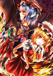 Rule 34 | 2girls, absurdres, back-to-back, bat wings, blonde hair, blue hair, bow, cross, dutch angle, facing away, fang, fiery background, finger to mouth, fire, flandre scarlet, hat, hat ribbon, highres, looking at viewer, mob cap, multiple girls, open mouth, p-yama, pointy ears, red eyes, remilia scarlet, ribbon, short hair, short sleeves, siblings, sisters, slit pupils, smirk, sparkle, touhou, wings