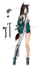 Rule 34 | 1girl, absurdres, animal ears, anming, aqua jacket, arm at side, asymmetrical clothes, badge, bag, bare shoulders, black choker, black footwear, black gloves, black hair, black legwear, blue eyes, blue hair, blush, breasts, button badge, camisole, choker, cleavage, closed mouth, clothes writing, collarbone, cross, cross choker, full body, gloves, grey pants, hair ornament, hairclip, hand on own chest, highres, jacket, jewelry, long hair, long sleeves, looking at viewer, multicolored hair, navel, necklace, off shoulder, open clothes, open jacket, original, pants, shoes, shoulder bag, single pantsleg, small breasts, smile, solo, standing, tail, two-tone hair, watermark, wristband, zipper