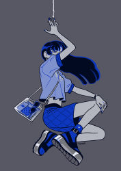 Rule 34 | 1girl, arm up, bag, black hair, blue footwear, blue nails, blue shirt, blue shorts, cigarette, earrings, full body, grey background, jewelry, kk724, limited palette, long hair, midriff, nail polish, original, ring, shirt, shoes, short sleeves, shorts, shoulder bag, simple background, solo, watch, wristwatch