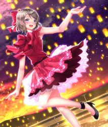 Rule 34 | 10s, 1girl, bare shoulders, blue eyes, blush, brown hair, commentary request, dress, hair ribbon, highres, love live!, love live! school idol festival, love live! sunshine!!, open mouth, red dress, red ribbon, ribbon, short hair, smile, solo, swordsouls, watanabe you