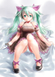 Rule 34 | 1girl, acute (vocaloid), dress, green eyes, green hair, hatsune miku, knife, long hair, matching hair/eyes, moriichi, panties, project diva (series), project diva f, shoes, sitting, solo, twintails, underwear, vocaloid