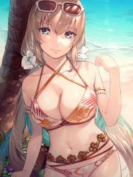 Rule 34 | 1girl, armlet, beach, belly chain, bikini, blonde hair, blue eyes, breasts, cleavage, closed mouth, collarbone, criss-cross halter, day, eyewear on head, flower, hair between eyes, hair flower, hair ornament, halterneck, highres, jewelry, long hair, looking at viewer, low twintails, medium breasts, navel, outdoors, print bikini, smile, solo, summer, sunglasses, swimsuit, tales of (series), tales of crestoria, twintails, ubo (ubo tales), very long hair, white-framed eyewear, white bikini, white flower, yuna azetta