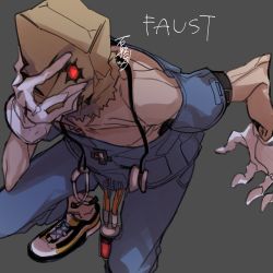 Rule 34 | 1boy, absurdres, bad id, bad twitter id, bag, character name, collarbone, cross, doctor, faust (guilty gear), gloves, grey background, guilty gear, guilty gear strive, hand on own face, highres, male focus, paper bag, red eyes, roas01b, shoes, simple background, sneakers, solo, standing, white gloves