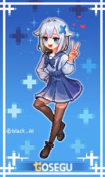 Rule 34 | 1girl, :d, artist name, assis (black ilil), blue background, blue bow, blue bowtie, blue eyes, blue skirt, bow, bowtie, brown thighhighs, character name, full body, gosegu, grey hair, hair flaps, hair ornament, hand on own hip, heart, looking at viewer, open mouth, pixel art, shirt, short hair, skirt, smile, solo, standing, thighhighs, v, virtual youtuber, waktaverse, white hair, white shirt