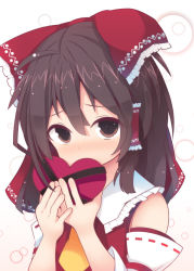 Rule 34 | 1girl, ahoge, ascot, beni shake, blush, bow, box, brown eyes, brown hair, candy, chocolate, chocolate heart, detached sleeves, expressive clothes, food, gift, gift box, hair bow, hair ribbon, hair tubes, hakurei reimu, heart, looking at viewer, nervous, nontraditional miko, ribbon, shy, solo, touhou, valentine