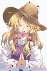 Rule 34 | 1girl, bare shoulders, blonde hair, brown headwear, commentary request, darjeeling (reley), detached sleeves, grey background, hair between eyes, hair ribbon, highres, long hair, long sleeves, long tongue, looking at viewer, moriya suwako, own hands together, palms together, purple skirt, purple vest, red ribbon, ribbon, sidelocks, simple background, skirt, skirt set, solo, tongue, tongue out, touhou, upper body, vest, wide sleeves, yellow eyes