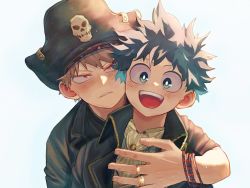 Rule 34 | 2boys, :d, ascot, bakugou katsuki, blonde hair, blush, boku no hero academia, bracelet, collared jacket, commentary, dot nose, freckles, green eyes, green hair, happy, hat, highres, hug, hug from behind, jacket, jewelry, looking at viewer, male focus, midoriya izuku, multiple boys, official alternate costume, open mouth, parted lips, pirate, pirate hat, red eyes, ring, sanpaku, short hair, simple background, skull print, smile, spiked hair, symbol-only commentary, teeth, tricorne, uni ssansyo, upper body, upper teeth only, v-shaped eyebrows, white ascot, white background