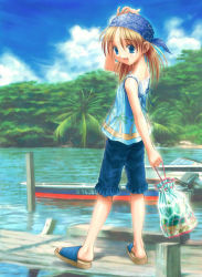 Rule 34 | 1girl, :d, bag, bandana, blonde hair, blue eyes, blue sky, blush, boat, camisole, carrying, cloud, day, dock, full body, goto p, head scarf, looking at viewer, no legwear, ocean, open mouth, original, outdoors, palm tree, pier, plant, sandals, shorts, sky, smile, solo, tree, walking, water, watercraft