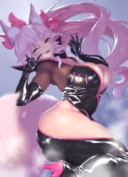 Rule 34 | 1girl, animal ear fluff, animal ears, ass, black bodysuit, blush, bodysuit, bow, breasts, center opening, choker, cleavage, curvy, unworn eyewear, fangs, fate/grand order, fate (series), fox ears, fox girl, fox shadow puppet, fox tail, glasses, hair between eyes, hair bow, high heels, highres, hip vent, koyanskaya (assassin) (first ascension) (fate), koyanskaya (fate), large breasts, long hair, looking at viewer, one eye closed, onsoku inu, pink bow, pink hair, ponytail, sidelocks, solo, tail, tamamo (fate), thick thighs, thighs, yellow eyes