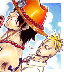 Rule 34 | 2boys, black hair, blonde hair, eating, facial hair, food, freckles, goatee, hat, jewelry, jolly roger, lowres, male focus, marco (one piece), multiple boys, necklace, one piece, portgas d. ace, stampede string, tattoo