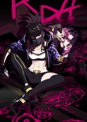 Rule 34 | 2girls, akali, asymmetrical legwear, baseball cap, black hair, breasts, cleavage, comic, evelynn (league of legends), full body, graffiti, half-closed eyes, hat, heterochromia, highres, k/da (league of legends), k/da akali, k/da evelynn, league of legends, lipstick, looking at viewer, lying, makeup, mask, midriff, mouth mask, multiple girls, nail polish, navel, on back, painting (action), pants, parted lips, ponytail, purple hair, shilin, sitting, spray can, spread legs, strapless, tube top, uneven legwear, yellow eyes