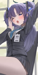 Rule 34 | 1girl, absurdres, arm up, black skirt, blue archive, blue necktie, blush, collared shirt, formal, guree (haiiro), halo, highres, id card, long hair, long sleeves, looking at viewer, mechanical halo, necktie, one eye closed, open mouth, pleated skirt, purple eyes, purple hair, shirt, skirt, solo, suit, thighs, two side up, white shirt, yawning, yuuka (blue archive)