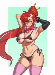 Rule 34 | 1girl, absurdres, armpits, arms behind head, bikini, breasts, cleavage, curvy, hair ornament, highres, large breasts, legs, navel, ponytail, red hair, riz, scarf, smile, solo, swimsuit, tengen toppa gurren lagann, thick thighs, thighs, toned, wide hips, yellow eyes, yoko littner