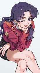 Rule 34 | 1girl, black skirt, character name, earrings, grey background, head rest, highres, invisible chair, itou (very ito), jacket, jewelry, katsuragi misato, crossed legs, long hair, looking at viewer, neon genesis evangelion, one eye closed, purple eyes, purple hair, red jacket, sitting, skirt, smile, solo, white background
