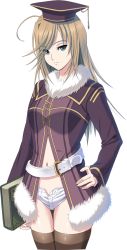 Rule 34 | 1girl, belt, blonde hair, blue eyes, book, breasts, coat, dungeon of regalias: haitoku no miyako ishgalia, fur trim, game cg, hand on own hip, hat, large breasts, legs, long hair, long sleeves, looking at viewer, m&amp;m, navel, original, short shorts, shorts, simple background, smile, solo, standing, thighhighs, thighs, white background