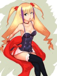Rule 34 | 00s, 1girl, :o, bare shoulders, blonde hair, breasts, camisole, chair, choker, cleavage, dragonaut, dress, fumio (rsqkr), grey eyes, jacqueline baumgold, jpeg artifacts, crossed legs, long hair, multicolored hair, sitting, solo, thighhighs, twintails, two-tone hair, zettai ryouiki