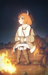 Rule 34 | 1girl, absurdres, animal ears, bead necklace, beads, blush, boots, brown footwear, campfire, closed mouth, coat, commentary, commission, cup, english commentary, fire, highres, holding, holding cup, hoplitx, jewelry, knee boots, lantern, log, long sleeves, mug, multicolored hair, necklace, night, night sky, open clothes, open coat, orange eyes, orange hair, original, outdoors, pixiv commission, red panda ears, red panda girl, red panda tail, short hair, sitting, sky, solo, star (sky), steam, tail, turtleneck, white hair