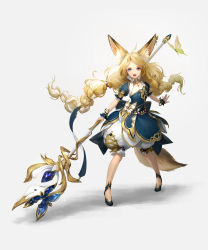 Rule 34 | 1girl, ahoge, animal ear fluff, animal ears, bangle, black footwear, blonde hair, blue dress, blue eyes, bracelet, braid, breasts, bug, butterfly, dress, facing viewer, fantasy, fox ears, fox tail, full body, gold trim, highres, holding, holding staff, insect, jewelry, lizchief, open mouth, original, simple background, small breasts, solo, staff, standing, tail, twin braids, two side up, white background, wizard, wrist cuffs, yellow butterfly