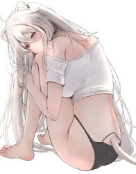 Rule 34 | 1girl, absurdres, adapted costume, ahoge, animal ear piercing, back, bare legs, barefoot, black eyes, black panties, blush, breasts, closed mouth, clothing cutout, commentary, cropped shirt, expressionless, feet, from behind, from side, full body, grey hair, highres, hololive, hugging own legs, knees to chest, lion girl, lion tail, long hair, looking at viewer, looking back, medium breasts, nerorigogo, no pants, official alternate costume, panties, shirt, shishiro botan, shishiro botan (casual), simple background, sitting, solo, tail, tail through clothes, underwear, very long hair, virtual youtuber, white background, white shirt
