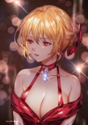 Rule 34 | 1girl, absurdres, alternate costume, bare shoulders, blonde hair, blurry, blurry background, bow, breasts, choker, cleavage, cocktail dress, collarbone, commentary request, dress, earrings, gem, granblue fantasy, hair between eyes, hair bow, hair up, halterneck, highres, jewelry, large breasts, michudx, red dress, red eyes, red lips, red ribbon, ribbon, solo, updo, vira (granblue fantasy)