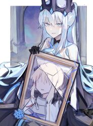 000_bambi 1girl absurdres aesc_(fate) aesc_(savior)_(fate) black_gloves blue_eyes crack cracked_glass crown dress fate/grand_order fate_(series) gloves grey_hair highres holding_portrait long_hair morgan_le_fay_(fate) ponytail portrait_(object) very_long_hair