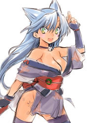 Rule 34 | 1girl, animal ears, bare shoulders, bell, blue hair, breasts, cat ears, cat girl, choker, cleavage, female focus, fingerless gloves, gloves, gradient eyes, green eyes, japanese clothes, jingle bell, kimono, large breasts, long hair, looking at viewer, multicolored eyes, neck bell, no panties, obi, off shoulder, open mouth, orion (orionproject), rance (series), ribbon choker, sash, short kimono, silver hair, sketch, slit pupils, smile, solo, straight hair, suzume (rance), thighhighs, traditional clothes, yellow eyes