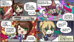 Rule 34 | 4koma, ahoge, apron, bad food, blonde hair, bowl, brown hair, candy, chibi, chocolate, chocolate bar, comic, eating, egg, floppy disk, food, fork, girls&#039; frontline, gloves, green eyes, hair between eyes, hair ornament, hanging food, knife, korean text, lee-enfield (girls&#039; frontline), long hair, looking at viewer, madcore, multiple girls, short twintails, smile, square 4koma, striped clothes, striped vest, twintails, vegetable, vest, welrod mkii (girls&#039; frontline)