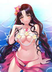 Rule 34 | 1girl, arm support, bad id, bad pixiv id, bare shoulders, bikini, black hair, blush, braid, breasts, chest tattoo, collarbone, commentary request, cowboy shot, eyebrows hidden by hair, facial mark, fate/grand order, fate (series), flower, forehead mark, gluteal fold, groin, hair flower, hair ornament, hand up, highres, jewelry, large breasts, light smile, long hair, looking at viewer, midriff, mismatched bikini, multicolored hair, nail polish, navel, necklace, parted bangs, pearl necklace, peter (will100sss), pink bikini, pink hair, pink nails, pink sarong, sarong, seashell, sessyoin kiara, sessyoin kiara (swimsuit mooncancer), sessyoin kiara (swimsuit mooncancer) (first ascension), shell, shell necklace, sidelocks, sitting, solo, streaked hair, swimsuit, tattoo, twin braids, underboob, very long hair, water, wavy hair, white bikini, yellow eyes