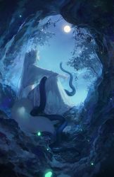 Rule 34 | 1boy, animal, animal ears, blue theme, cave, facing away, fireflies, fox boy, fox ears, fox tail, full moon, highres, long hair, long sleeves, male focus, midriff, moon, mountainous horizon, nature, night, night sky, original, outstretched arms, plant, ponytail, road, robe, see-through silhouette, sitting, sky, snake, star (sky), tail, tree, vines, white hair, wide sleeves, zzzi gn