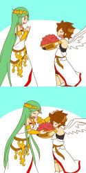 Rule 34 | 1boy, 1girl, angel, angel wings, armband, bare shoulders, brown hair, closed eyes, collar, fluora, giving, green eyes, green hair, hair ornament, happy, headpat, heart, holding, jewelry, kid icarus, kid icarus uprising, laurel crown, long hair, nintendo, open mouth, palutena, pit (kid icarus), simple background, smile, stitched, tagme, third-party edit, very long hair, wings