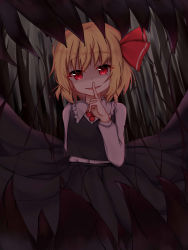 Rule 34 | 1girl, absurdres, arm behind back, black skirt, black vest, blonde hair, collared shirt, dark, finger to mouth, hair ribbon, hanen (borry), highres, long sleeves, looking at viewer, red eyes, red neckwear, red ribbon, ribbon, rumia, shaded face, shirt, short hair, skirt, solo, standing, touhou, vest, white shirt