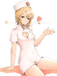 Rule 34 | 1girl, absurdres, arm support, bad id, bad pixiv id, blonde hair, blue eyes, blush, breasts, cleavage, cleavage cutout, closed mouth, clothing cutout, commentary request, europa (granblue fantasy), granblue fantasy, hand up, hat, heart, heart cutout, highres, koretsuki azuma, light blush, looking at viewer, nurse, nurse cap, short hair, short sleeves, sidelocks, simple background, sitting, small breasts, smile, solo, thighs, white background
