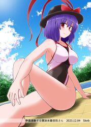 Rule 34 | 1girl, armpits, bare shoulders, black hat, blue sky, bow, breasts, cloud, commission, dutch angle, exercising, floor, hand on floor, hat, hat bow, kousei (public planet), large breasts, medium breasts, nagae iku, one-piece swimsuit, outdoors, pool, purple hair, red bow, red eyes, short hair, sitting, skeb commission, sky, smile, solo, swimsuit, thighs, touhou, two-tone one-piece swimsuit