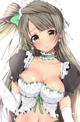 Rule 34 | 10s, 1girl, 3:, adapted costume, blush, breasts, choker, cleavage, collarbone, earrings, elbow gloves, gloves, grey hair, jewelry, long hair, looking at viewer, love live!, love live! school idol project, maid, maid headdress, mataro (matarou), medium breasts, minami kotori, navel, ribbon-trimmed clothes, ribbon trim, solo, upper body, white gloves, yellow eyes
