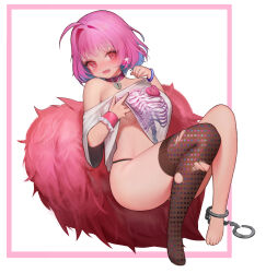 Rule 34 | 1girl, absurdres, ahoge, bangle, belt, belt collar, black panties, blue hair, blush, bob cut, bracelet, breasts, brown thighhighs, choker, clothes lift, collar, colored inner hair, commentary, crying, crying with eyes open, cushion, earrings, fang, feet, frilled wristband, gg amang, hair intakes, heart-shaped lock, heart-shaped ornament, heart collar, highres, idolmaster, idolmaster cinderella girls, idolmaster cinderella girls starlight stage, jewelry, knees up, large breasts, lifted by self, looking to the side, medium hair, multicolored hair, no bra, no pants, no shoes, off-shoulder shirt, off shoulder, open mouth, panties, pill earrings, pink belt, pink choker, pink collar, pink eyes, pink hair, pink wristband, polka dot thighhighs, purple bracelet, shirt, shirt lift, short sleeves, single ankle cuff, single barefoot, single thighhigh, sitting, skeleton print, solo, stuffed toy, t-shirt, tearing up, tears, thighhighs, thighs, toenails, toes, two-tone hair, underboob, underwear, white background, white shirt, yumemi riamu