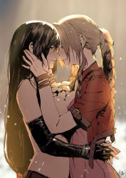 Rule 34 | 2girls, aerith gainsborough, arms around waist, bad id, bad pixiv id, black hair, bow, bracelet, braid, braided ponytail, breast press, breasts, brown eyes, brown hair, club3, cropped jacket, elbow gloves, eye contact, final fantasy, final fantasy vii, final fantasy vii remake, flower, gloves, green eyes, hair bow, highres, imminent kiss, jacket, jewelry, long hair, looking at another, low-tied long hair, multiple girls, parted lips, red jacket, smile, symmetrical docking, tifa lockhart, topless, yuri