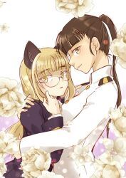 Rule 34 | 2girls, animal ears, blonde hair, blush, breasts, brown eyes, brown hair, cat ears, closed mouth, flower, glasses, hug, kanai, large breasts, long hair, looking at viewer, military uniform, multiple girls, open mouth, perrine h. clostermann, ponytail, rose, sakamoto mio, smile, strike witches, uniform, white flower, white rose, world witches series, yellow eyes, yuri